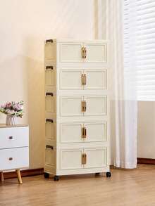 1pc 50cm/19.69 Inch Width Foldable Storage Cabinet, Clothes Closet Organizer Box, Clothing Divider Storage Box, Double Door Folding Box, 1-6 Layers Available, Thick Double Door Wheeled Storage Cabinet, Home Use No-Assembly Storage Rack, Organize Clothes And Toys Plastic Folding Storage Cabinet - Cream Door - View 6