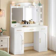 HEXCELEN Dressing Table With HD Large Mirror, Dressing Table With 3 Color Adjustable LED Lights, 5 Drawers And 2 Storage Cabinets, Open Storage, Bedroom, 40 X 108 X 149 Cm, White - trắng - Xem 5