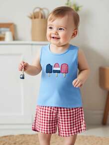 Kid Boy 4th Of July Outfit Popsicle Embroidery Round Neck Tank Tops+ Plaid Shorts 2Pcs Outfit