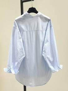 Women Drop Shoulder Striped Long Sleeve Letter Print Single-Breasted Casual Shirt