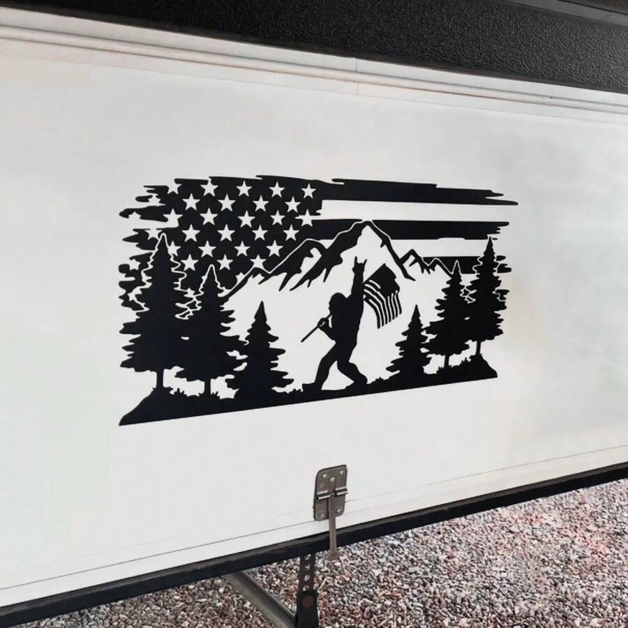 1 Pc Bigfoot US Flag Mountain Tree Lined Vinyl Decal, Die-Cut Mysterious Natural Sticker For Car Truck RV Camper Trailer Caravan - Black - View 1