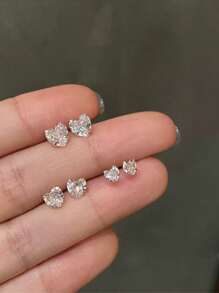 1/3pair Set Fashionable Luxury Sparkling Heart Zirconia Stud Earrings, Petite & Minimalist Design For Women
