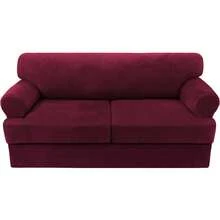 Sofa Cover 3 Piece T Cushion Loveseat Slipcovers Thick Velvet Couch Cover Stretch T Cushion Sofa Covers For 2 Cushion Couch With 2 Individual T Cushion Covers Washable, Stone Blue - 酒紅色 - 查看 9