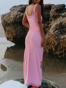 Women Starfish Shell Printed Maxi Dress Spaghetti Strap Backless Bodycon Long Dress Summer - Pink - View 3