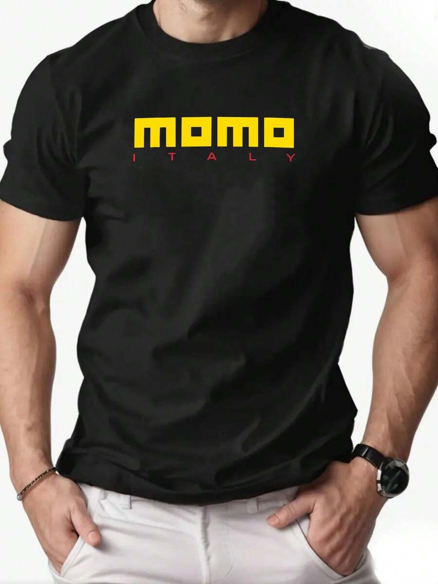 Camiseta casual de verano de algodón verde para hombres con estampado ;MOMO ITALIA; - Cuello redondo. Manga corta. Ligero; Transpirable para atuendos casuales. Camiseta de uso diario Cuello redondo Microelasticidad - Negro - Ver 1