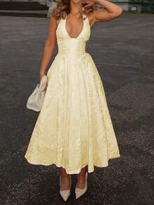 Elegant V-Neck Waisted A-Line Mid-Length Dress, Romantic Vacation Textured Printed Fabric - Yellow - View 3