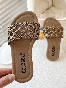 Sandalias planas de verano 2025 para niños, cómodas, de tejido dorado. Sandalias de dedo con diseño redondo para uso casual y holgazán para niñas