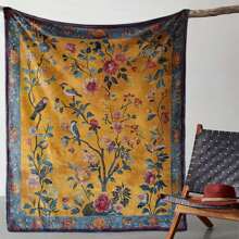 1pc Vintage Floral & Bird Print Flannel Blanket - Soft, Cozy, All Season, Suitable For Sofa, Bed, Car, Office, Camping & Travel - Rich Yellow Background With Delicate Botanical Pattern, 4-Season Botanical Print Polyester Throw