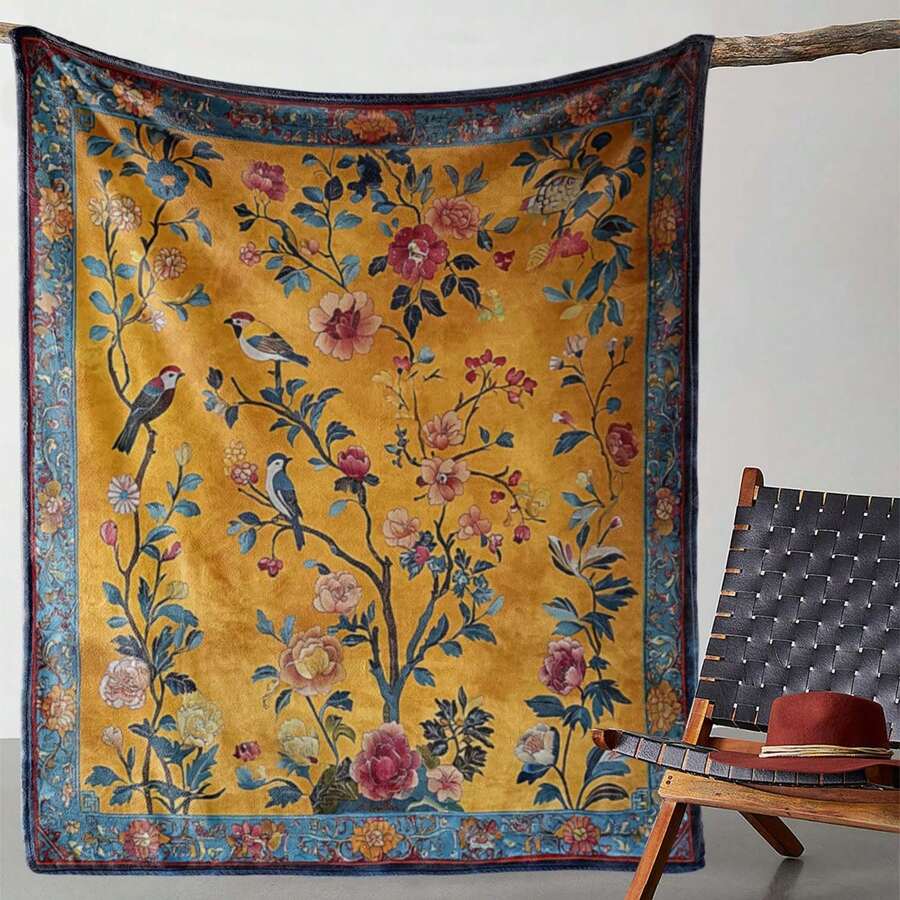 1pc Vintage Floral & Bird Print Flannel Blanket - Soft, Cozy, All Season, Suitable For Sofa, Bed, Car, Office, Camping & Travel - Rich Yellow Background With Delicate Botanical Pattern, 4-Season Botanical Print Polyester Throw