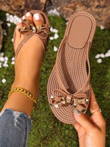 Woven Rope Sole Fashionable Rhinestone Embellished Flat Sandals, Comfortable Casual Summer Beach Slippers For Women, Romantic Vintage Classic Minimalist Leisure Slides, Exquisite Luxurious Roman Holiday Beach Party Round Toe Flat Sandals, Italian Palace Style Sweet Cute Literary Elegant High-End Comfortable And Breathable Lightweight Open Toe Flat Beach Sandals, Forest Style Vacation Lightweight Comfortable Casual Sandals - Apricot - View 2