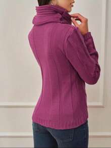 Women's Knitted Blouse High Neck With Front Brace Winter Elegant--- - 中紫紅色 - 查看 2