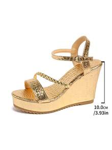 New Round Toe Beach High Heels, Solid Color Bohemian Fashion Woven Texture Metallic Women Shoes,Suitable For Vacation/Outdoor, All Season - Gold - View 7