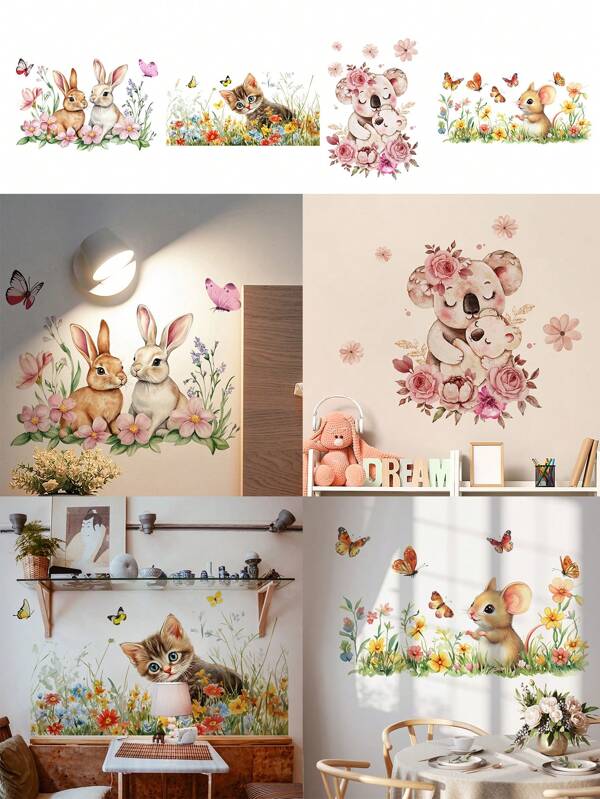 1 Set Cartoon Animal Wall Stickers, Rabbit, Floral, Cat Decals, For Children's Room, Living Room, Bedroom, Study