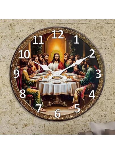 [10 16 Inch Silent Wooden Clock] Lively 10 Wand Klok "The Last Supper" Quiet Operation, Living Room, Bedroom, Kitchen, Office Ideal Baptism Featured The Supper Illustration, Large Size Room Bedroom Dormitory Back To School Surprise Home Supplies view 2