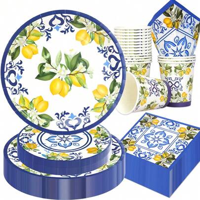 10pcs/20pcs/50pcs Capri Lemon Party Plates Supplies Blue Tiles Yellow Lemon Party Tableware Decorations Summer Citrus Fruit Disposable Paper Plates Napkins Cups For Summer Holiday Birthday Bridal Shower Party Decorations