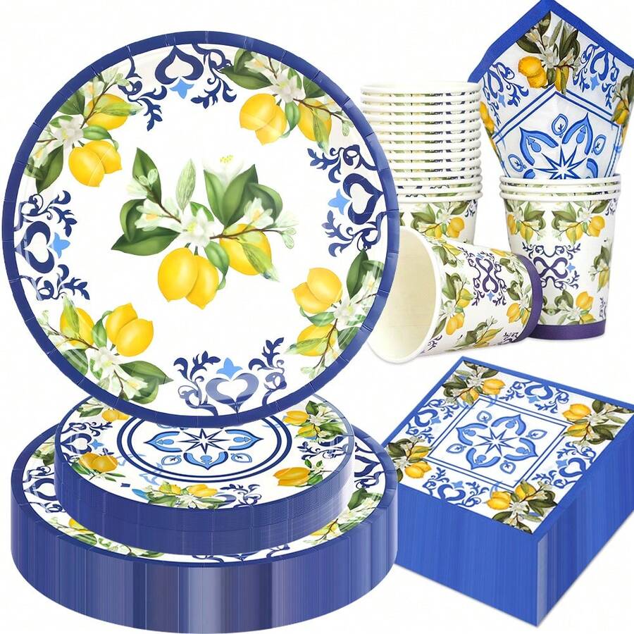 10件/20件/50件卡普里柠檬派对盘子用品蓝色瓷砖黄色柠檬派对餐具装饰夏季柑橘水果一次性纸盘餐巾杯适用于夏季节日生日新娘送礼会派对装饰