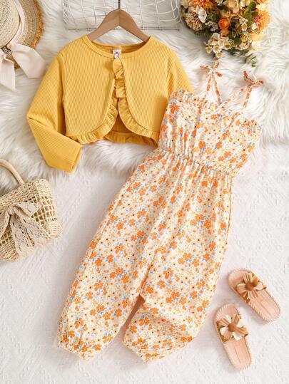 2pcs/Set Spring & Autumn New Young Girl Jumpsuit Set, Beige Floral Off Shoulder Jumpsuit + Yellow Striped Open Front Long Sleeve Jacket, Fitted & Comfortable Soft Childrenswear, Girls' Casual Daily & Outdoor Outfit