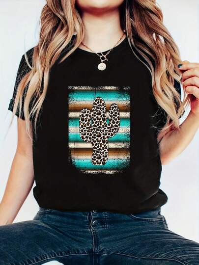 Funny Leopard Cactus Serape Cactus Print Turquoise Brown T-Shir - 100% Cotton Graphic Tees Women, Top Shirt Women Summer Tops Clothes