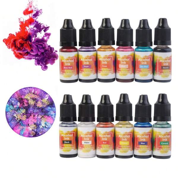 Ensemble d''encre alcoolique - 12 couleurs vives, encre alcoolique concentrée, peinture à résine époxy avec colorant métallique pour dessous de verre en résine, peinture acrylique, fabrication de gobelets, 10 ml chacun