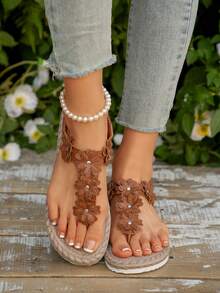 New Flat Sandals Women Flat Peep Toe Ditsy Floral Decor Slip-On Elastic Band Casual Beach Sandals, European And American Style,Flip Flops,Spring Summer Outfits - Brown - View 4
