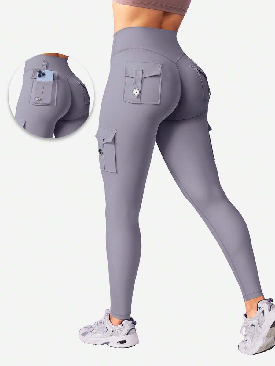 VOYJOY Gym Workout Cargo Leggings With Pockets For Women Hidden Scrunch Butt Lifting Compression Yoga Leggings