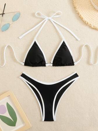 ชุดว่ายน้ำเซ็ต 2 ชิ้น ผู้หญิง ดีไซน์มินิมอล ขาวดำ เหมาะสำหรับไปทะเล โรงเรียน งานปาร์ตี้ วันเกิด งานปาร์ตี้โสด ในช่วงฤดูร้อน