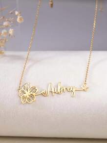 Personalized Floral Name Necklace, Stainless Steel Daisy Heart Pendant With Customized Handwritten Letter Beads, Elegant Jewelry For Women, Versatile Daily Accessory, English Name Only