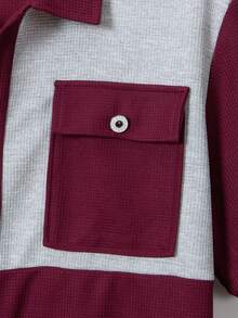 2 件男士夏季休闲时尚撞色银色纽扣装饰口袋翻领衬衫 + 长裤两件套西装，春夏夏威夷运动度假装 - 酒紅色 - 查看 7