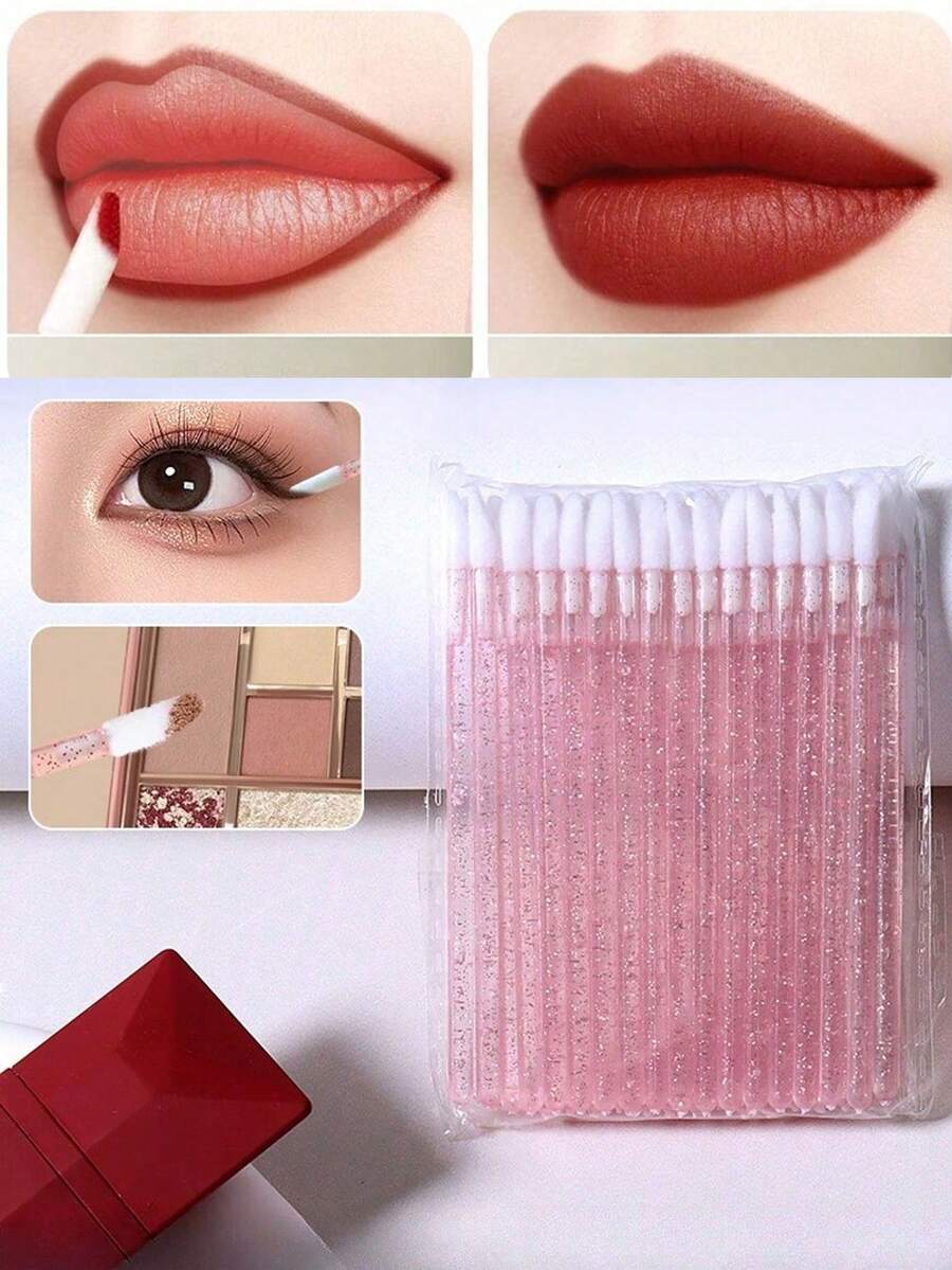 200/100支装一次性水晶唇刷套装，化妆唇刷，适用于唇膏、唇彩、眼影等，美妆工具（粉色），赠品 - 粉色 - 查看 1