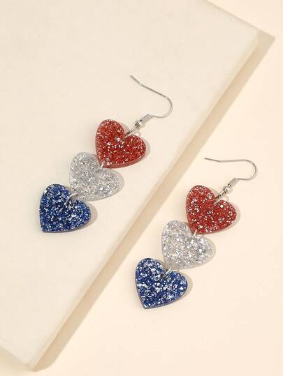 1Pair Glitter Americana Design USA Flag Color Heart Drop Earrings For Women Girl For American Pride Independence Day Patriotic Accessories Jewelry