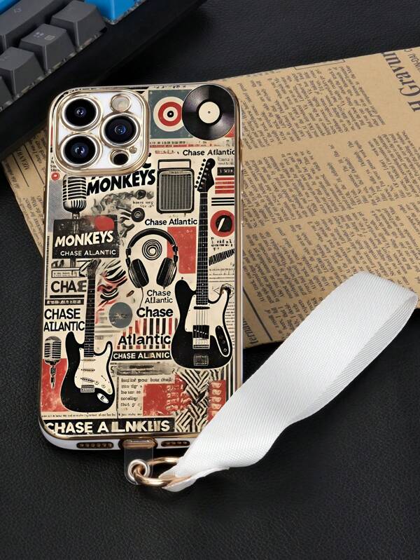 1pc White Electroplated TPU Rock Music Element Collage Pattern Shockproof Phone Case And 1pc White Cloth Strap Compatible With IPhone, Android Phones Like , , OPPO, Etc.