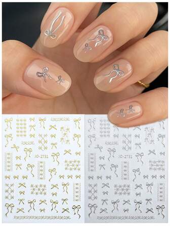 2 pièces/Set Autocollants d'art pour ongles en 3D nœud , Décalcomanies d'ongles métalliques mignons et sucrés en 3D, convient à différents styles de manucure française pour femmes, comprend des nœuds dorés, argentés, blancs et noirs, autoadhésifs pour le DIY, style Y2K