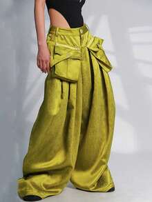 女装春夏新款时尚女士休闲裤可拆卸立体口袋阔腿裤，演唱会女装，狂欢节女装，女士街头服饰 - 綠色 - 查看 8