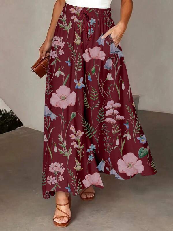 Plus Size Women Floral Print Tie-Waist With Pockets Wide Leg Loose Vacation Pants