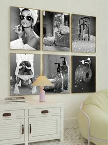 1 pièce Affiche murale mode, décoration murale de salle de bain, impression noir et blanc avec paillettes roses, tableau canevas, photos, œuvre murale de salle de bain moderne, humoristique pour femmes, sans cadre