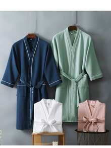 1pc Waffle Texture Bathrobe, Unisex Adult Kimono Robe, Spring/Summer Loungewear, Hotel/Home Use, Absorbent & Quick Drying, Loose Fit, White/Pink/Green/Navy Colors, Bathroom & Home Essentials - Navy Blue - View 5