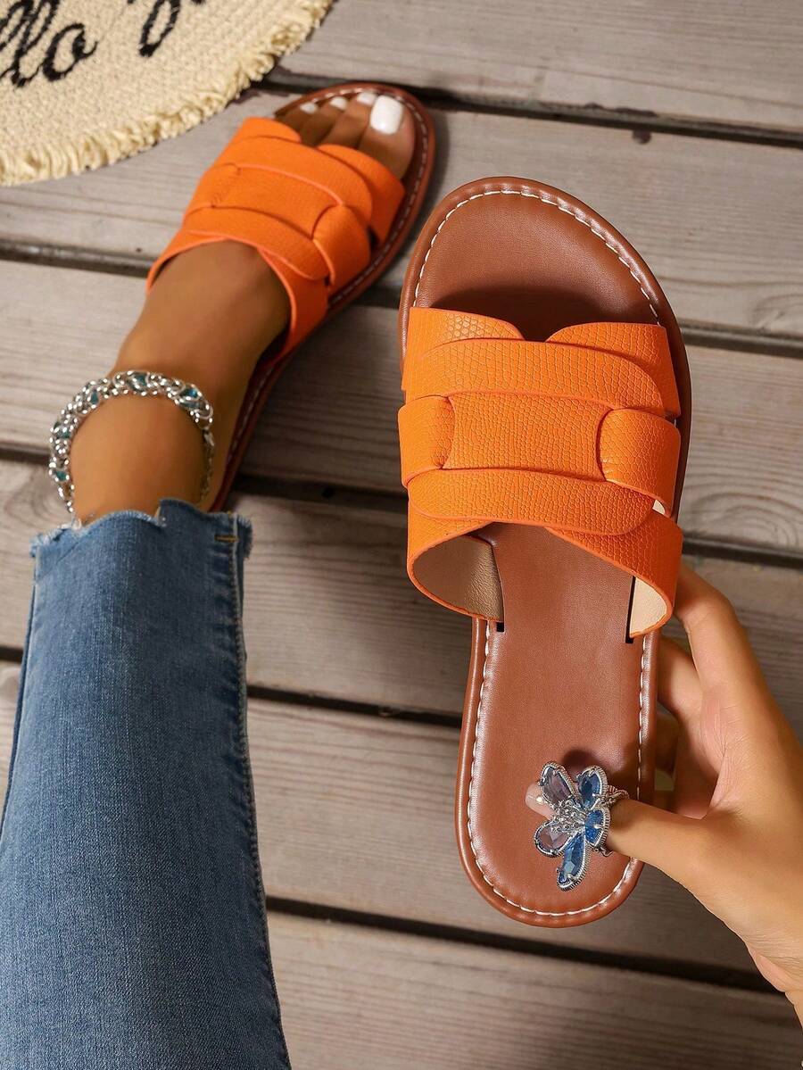 Korean Style Casual Flat Sandals For Women, Slip-On Open Toe Woven Roman Sandals, Fashionable Summer Beach Slippers To Pair With Dress, Suitable For Spring Autumn - Orange - View 1