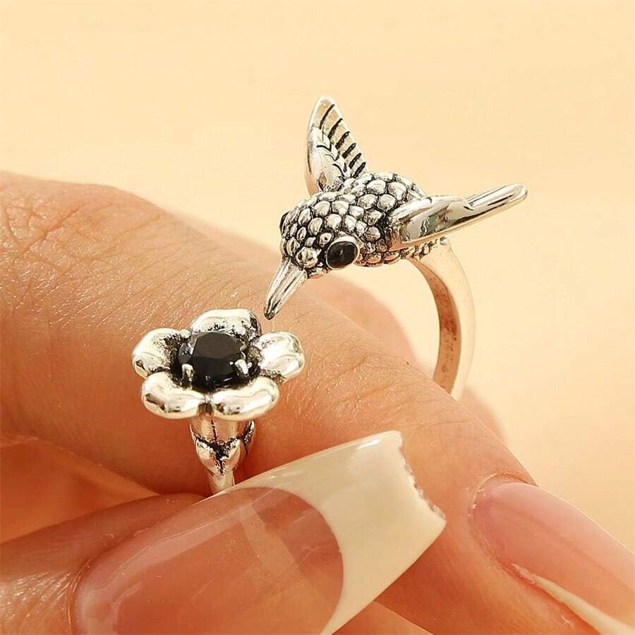 Vintage Retro Legierung Kolibri & Blumen Element Design offener Ring