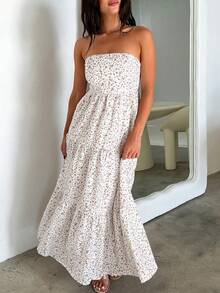 Women Floral Print Maxi Tube Dress Strapless Flowy Long Bandeau Dress Y2K Open Back Sundress Summer Beachwear - màu nâu - Xem 2