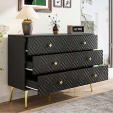 6-Drawer Chest Of Drawers, 120x40x80cm – Black & Gold With Metal Legs – For Bedroom & Living Room - Black - View 1