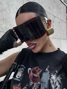 1pc Oversized Futuristic High-Tech Style Connected Cyberpunk Fashion Glasses, Fashionable Eyewear For Women, Cool European And American Style Preppy Style For Back To School Wrap Shape - Black - View 1