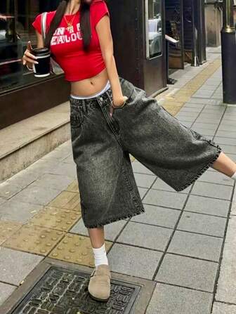 Y2K Vintage Washed Cat Whisker Pocket Wide Leg Bermuda Denim Jeans Shorts, Casual Capri Pants, Y2K Music Festival