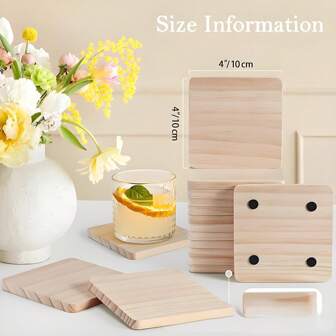 24 piezas de posavasos cuadrados de madera - en blanco para manualidades con almohadillas suaves, adecuados para bebidas, excelentes para grabado láser, pirografía, teñido, pintura y decoración DIY para bodas, Juego de posavasos de madera