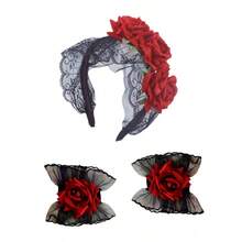 3 件套哥特式洛丽塔头带、蕾丝腕花、深玫瑰花头饰、新奇头带，适合派对、节日、角色扮演、时尚礼物、化妆、舞蹈服装配饰万圣节 - 彩色 - 查看 1