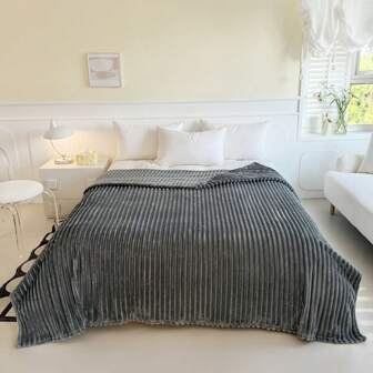 Modern Striped Flannel Blanket, Soft & Comfortable, Skin-Friendly & Warm, 100% Polyester, 250-300g/㎡, Suitable For All Seasons, Decorated With Luxurious Faux Fur, Ideal For Sofa, Bed, Office, Travel, And Birthday Gift