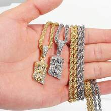 Colgante de cara de cabeza de pieza de Jesucristo para hombres, collar con dije de cristal brillante helado con cadena, joyería de Hip Hop - Cadena de cuerda de plata - Ver 8