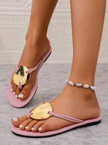 Women's Fashion Thong Sandals, Bohemian, Indoor Outdoor, Comfortable, Minimalist Elegant Metal Decor, Beach Shoes, Summer Cooling Outdoor Style