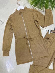 Women's Set Of Stretch Fabric Pants With Pocket - Khaki - View 3