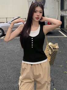 Contrast Color 2 In 1 Camisole Vest Women, Casual Versatile Sleeveless Knit Top For Summer
