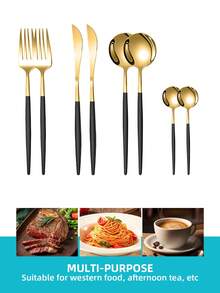 1/4/16/24/32pcs Stainless Steel Western Tableware Set - Including Table Forks, Soup Spoons And Teaspoons, Suitable For Cafe, Party, Wedding, Restaurant And Daily Use, Kitchen, Christmas Gift - gold+black - View 5